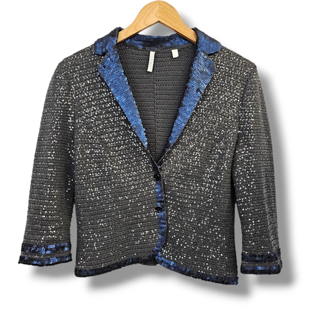 IISLI Sequin Sweater Blazer S Gray‎ Blue Sparkle Knit Jacket Boho Fairy Gypsy